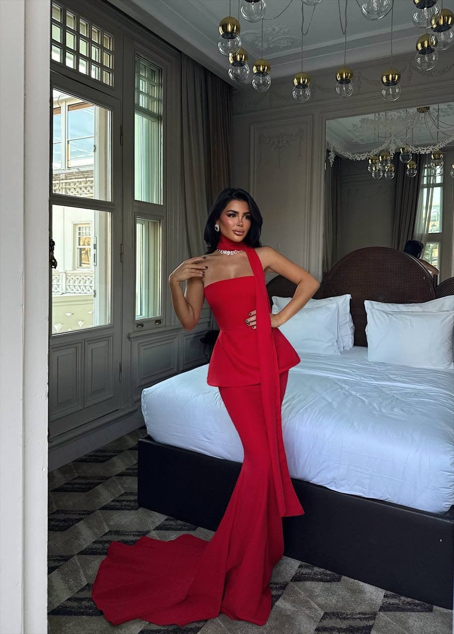 red formal dress with scarf Elegant Wine Red Beaded Sequin Off-Shoulder Evening Dress with Scarf SS652