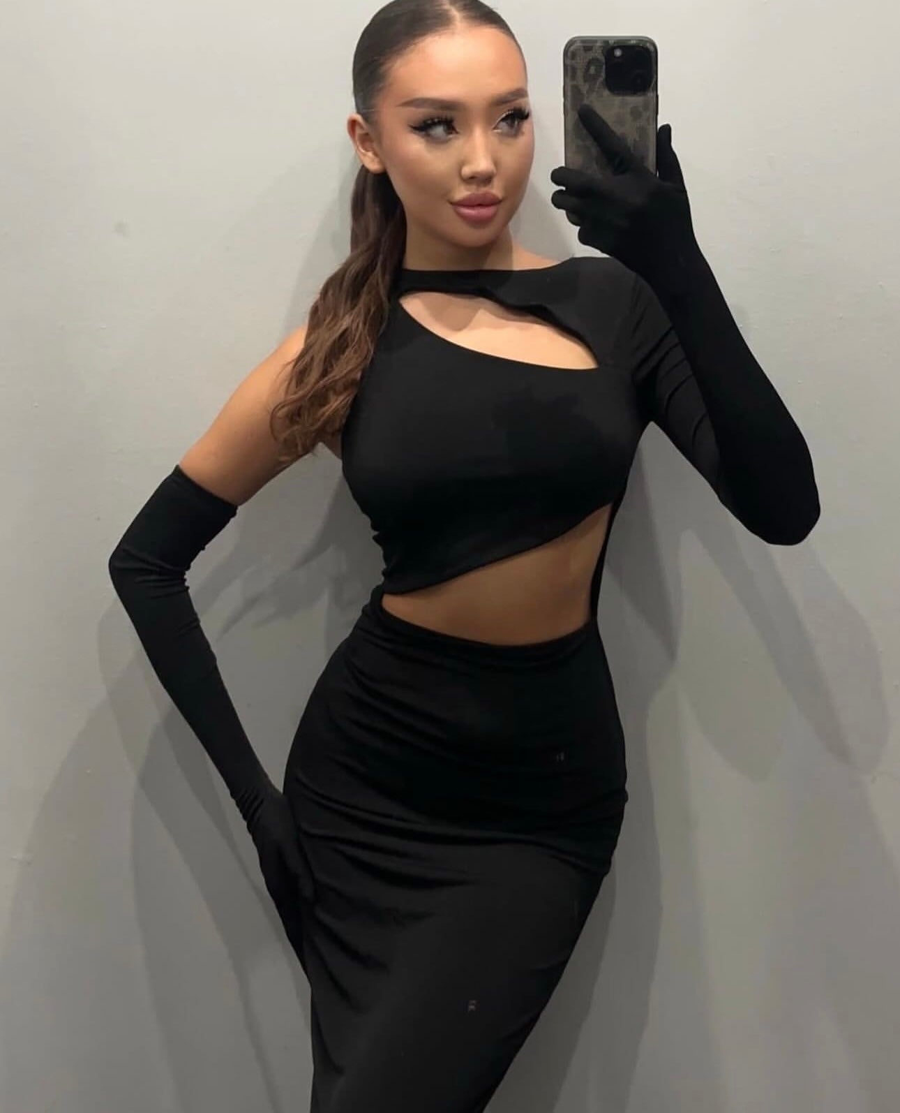 Black Window Detail Gloved Dress