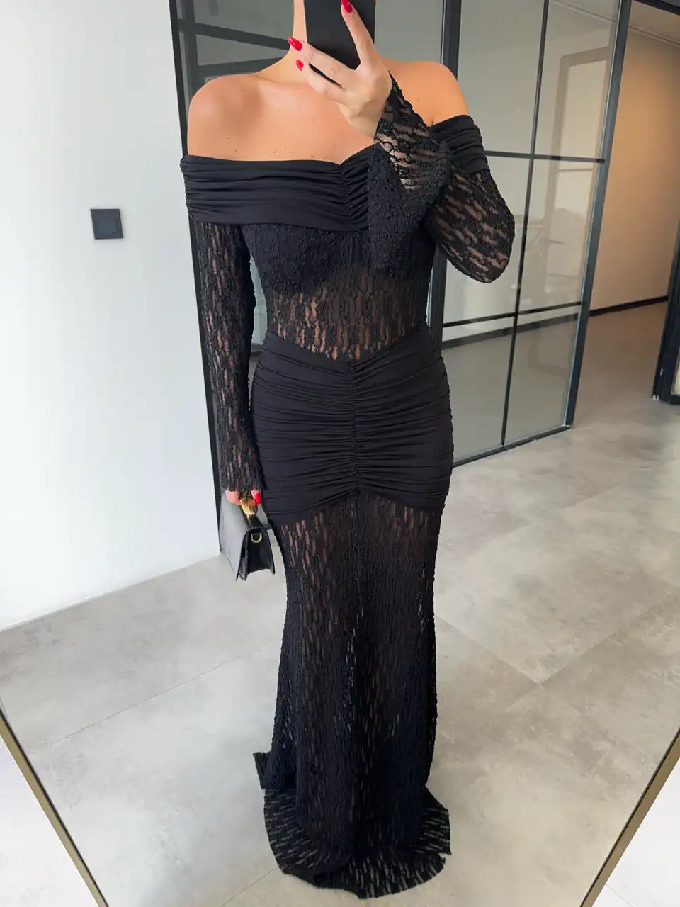 aMADONNA COLLAR DRAPED BLACK LACE DRESS