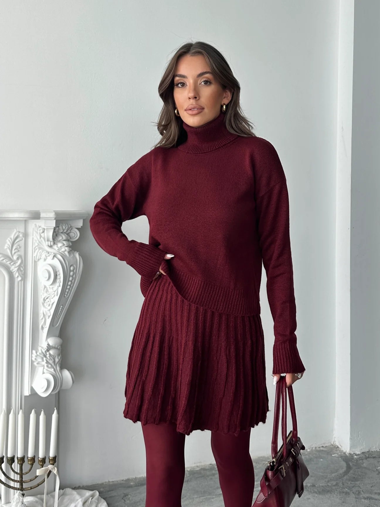 Turtleneck Pleated Skirt Suit