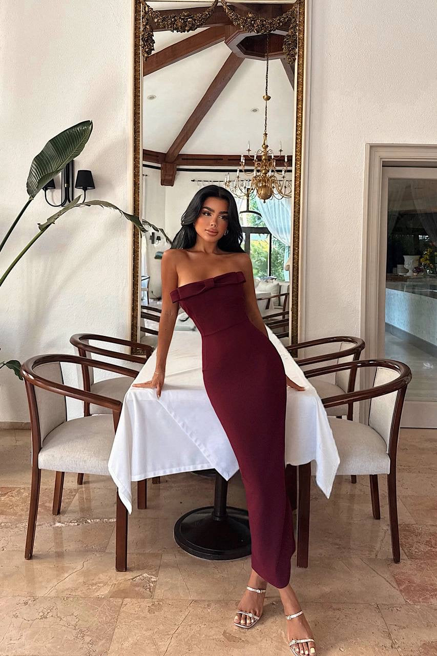 Cherry Maroon Strapless Midi Dress