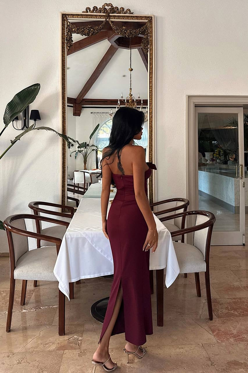 Cherry Maroon Strapless Midi Dress