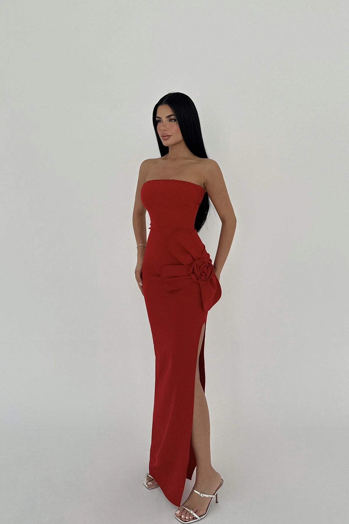 Red Rose Detail Strapless Dress