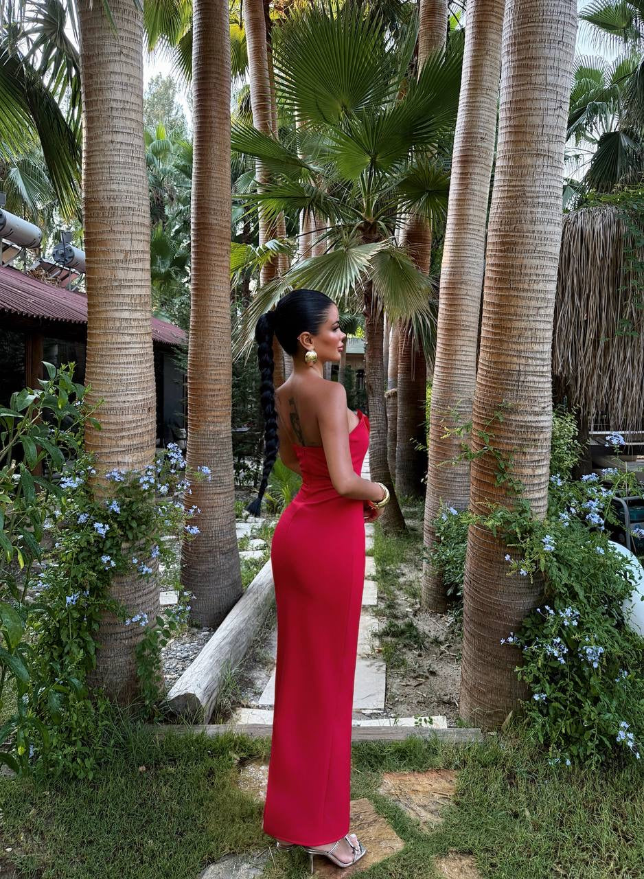 Bow Detail Strapless Red Dress