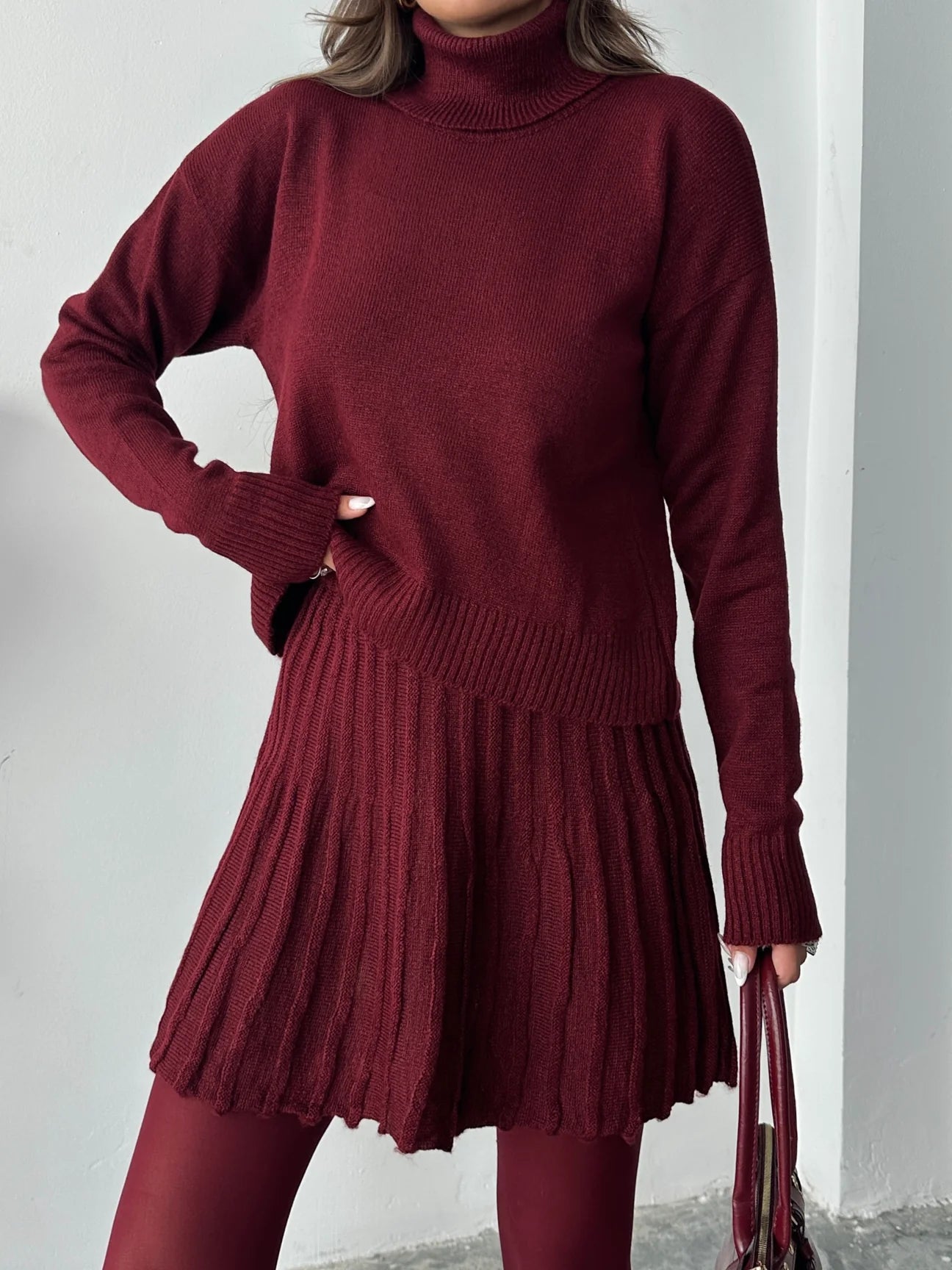 Turtleneck Pleated Skirt Suit