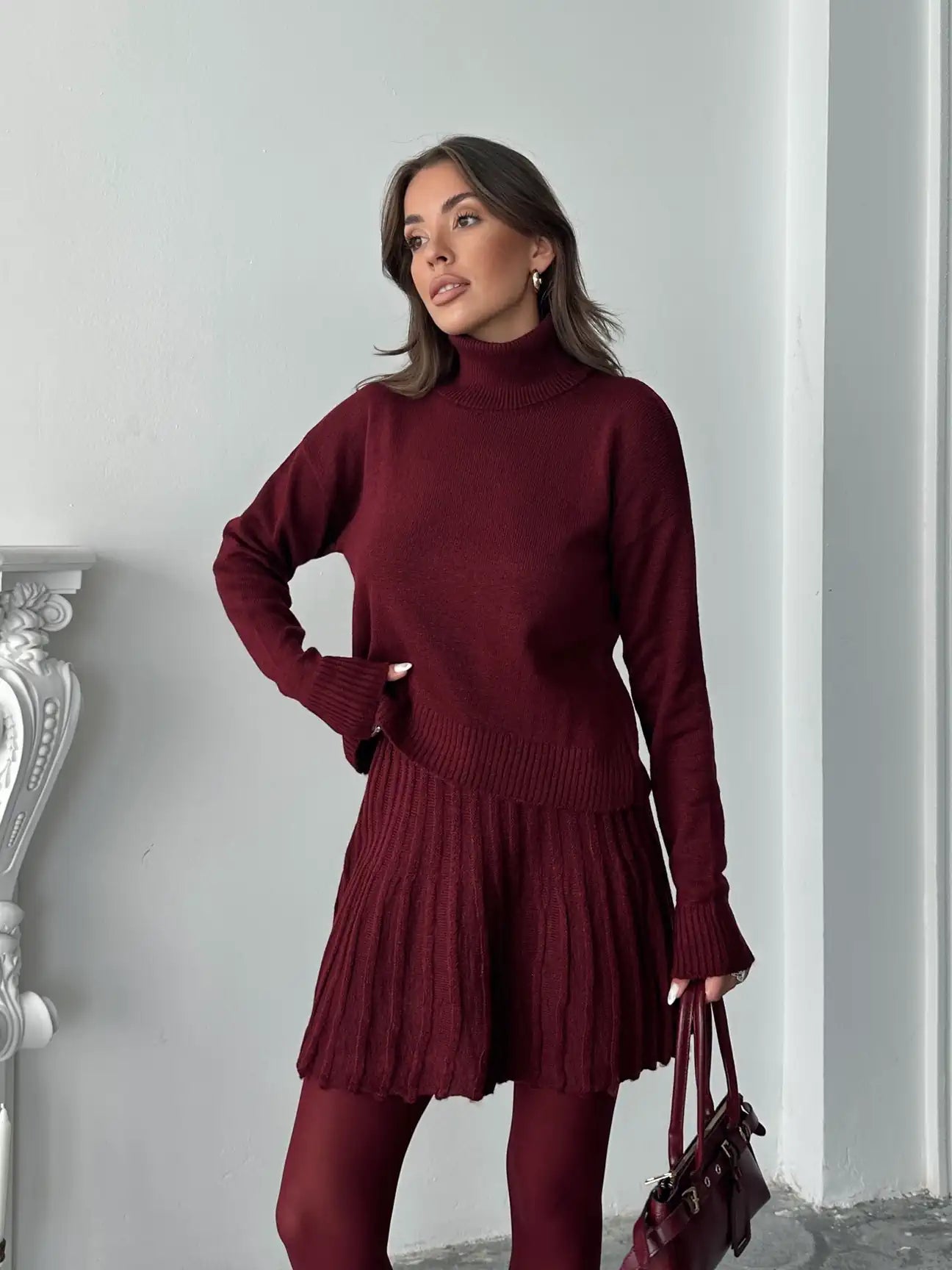 Turtleneck Pleated Skirt Suit