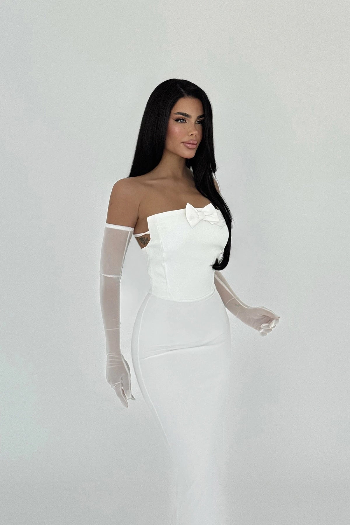 White Bow Detail Glove Dress
