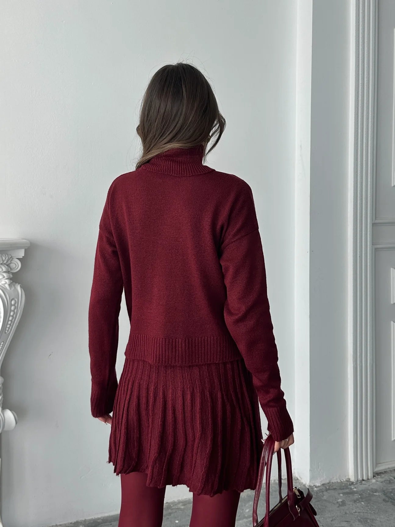 Turtleneck Pleated Skirt Suit