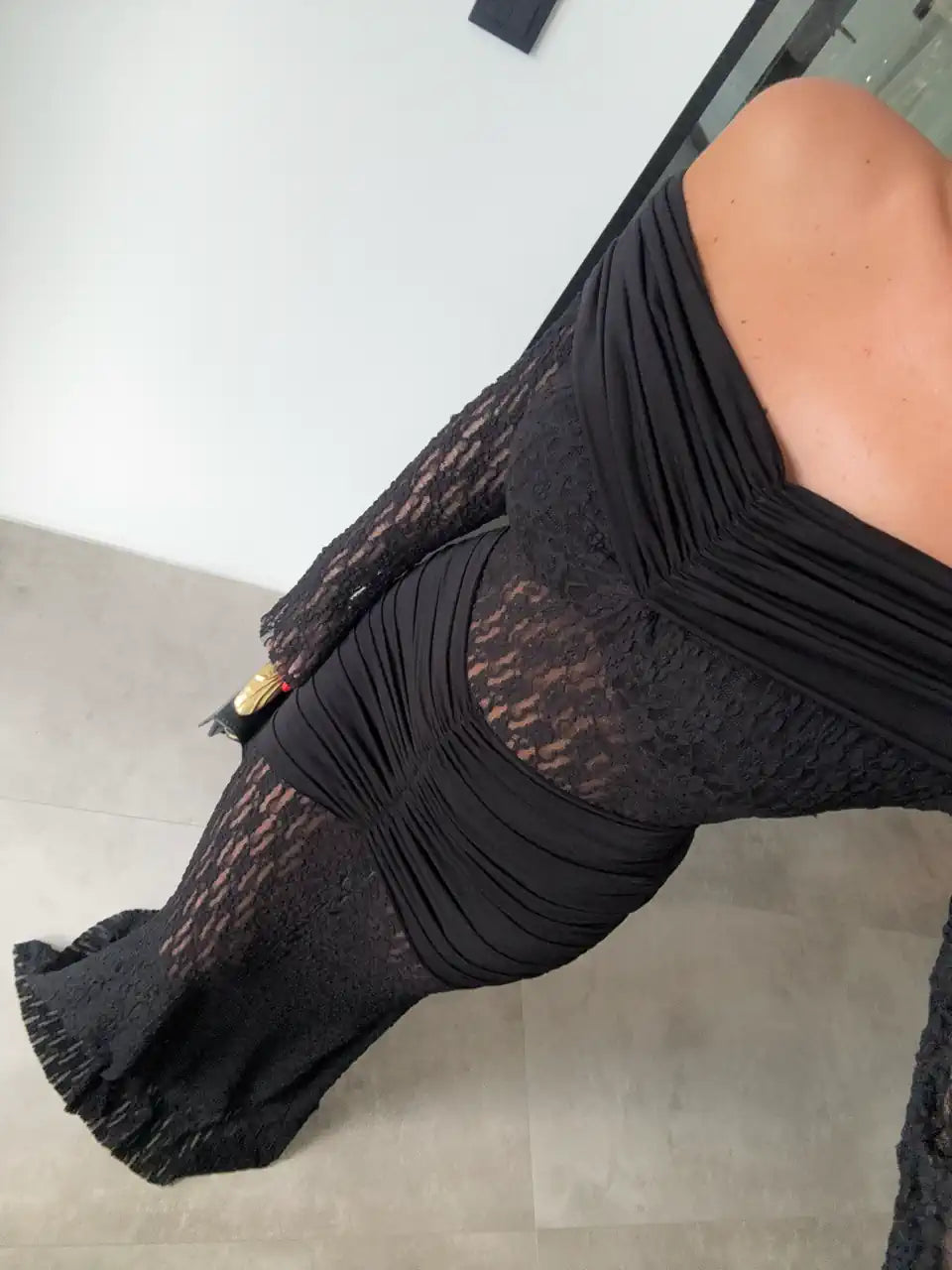 aMADONNA COLLAR DRAPED BLACK LACE DRESS