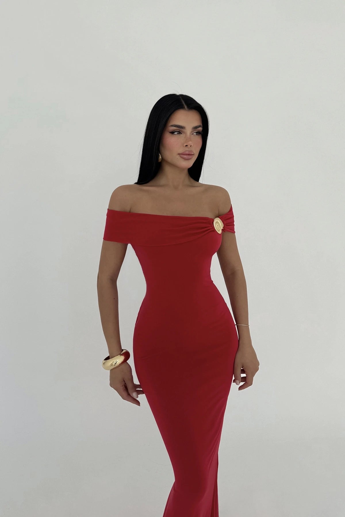Red Seridie Seashell Detail Long Dress