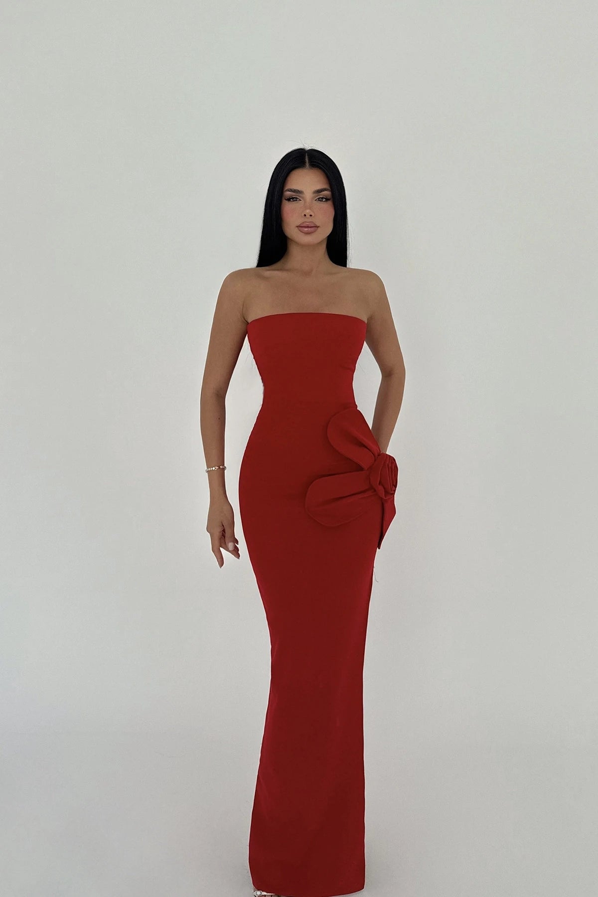 Red Rose Detail Strapless Dress
