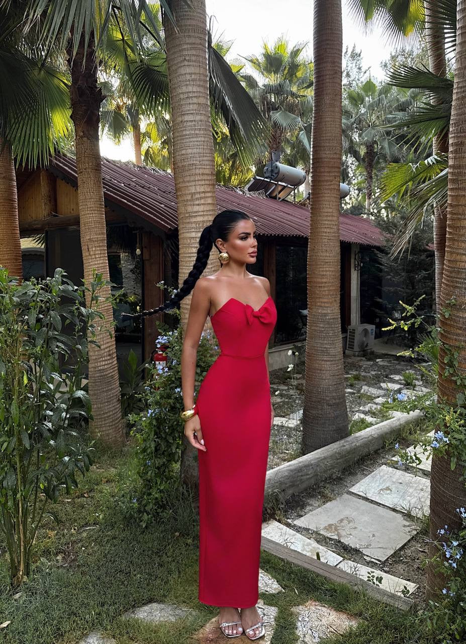 Bow Detail Strapless Red Dress