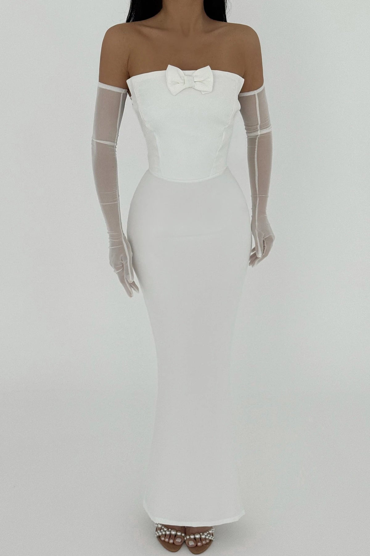 White Bow Detail Glove Dress
