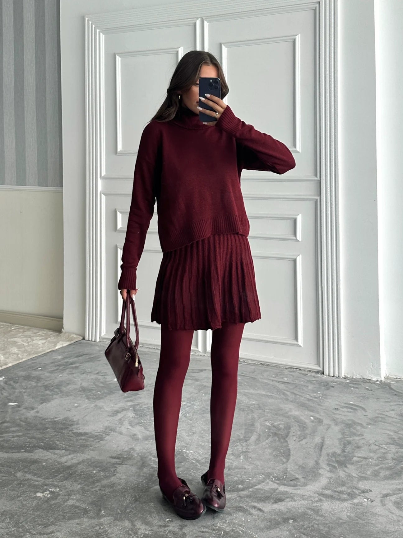 Turtleneck Pleated Skirt Suit