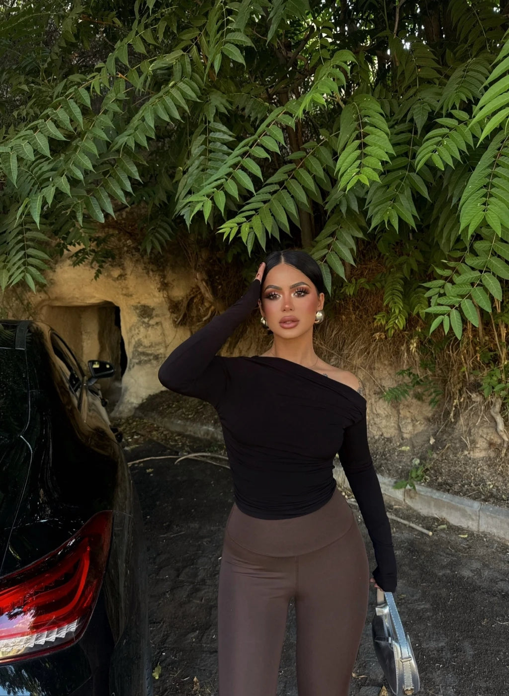Black Gathered Boat Neck Top
