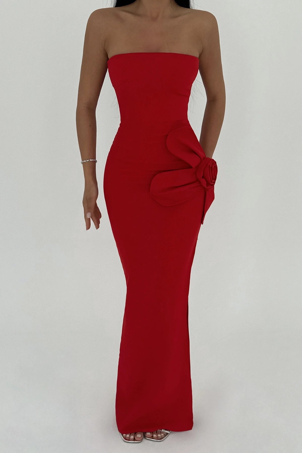 Red Rose Detail Strapless Dress