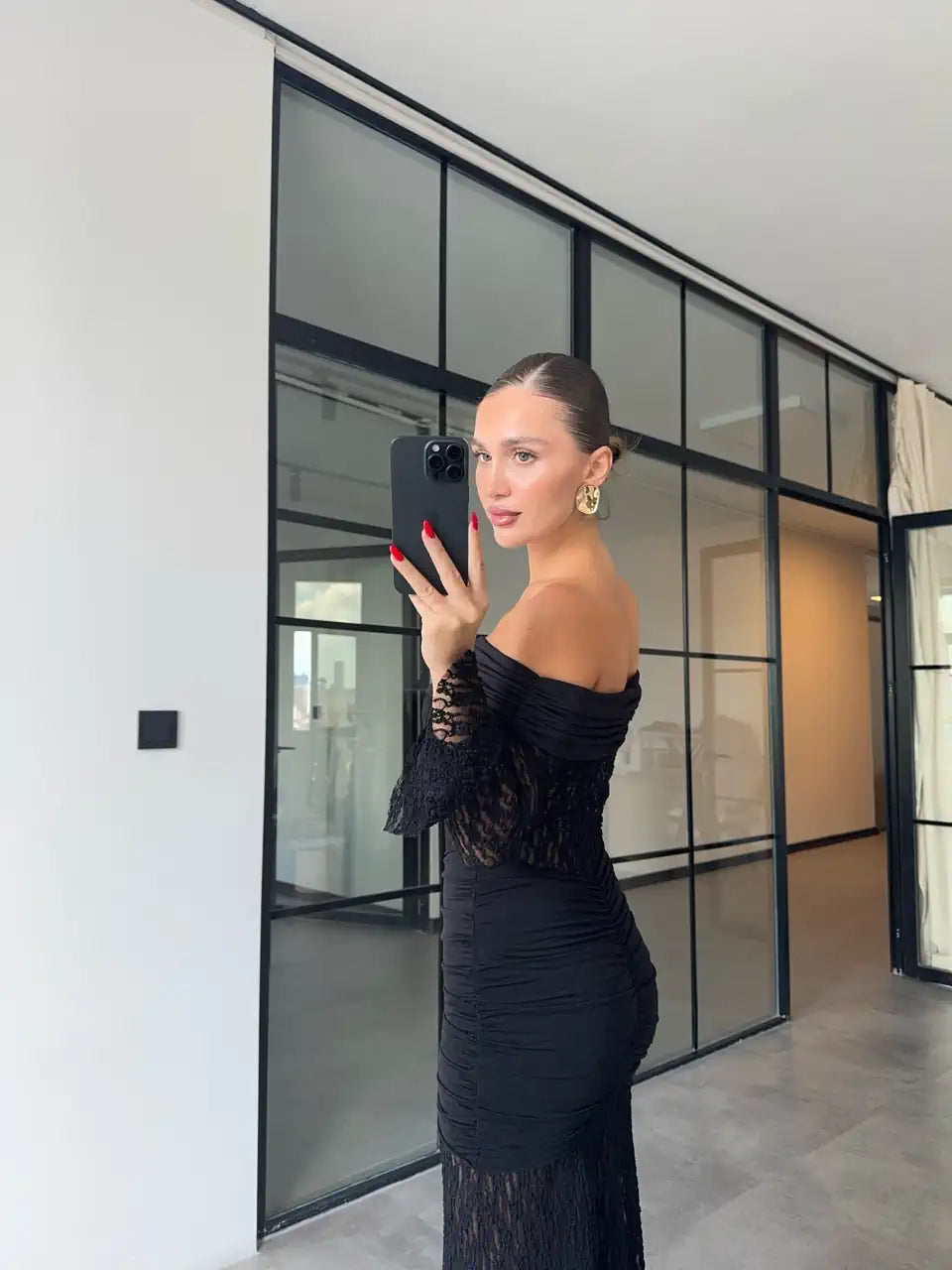 aMADONNA COLLAR DRAPED BLACK LACE DRESS