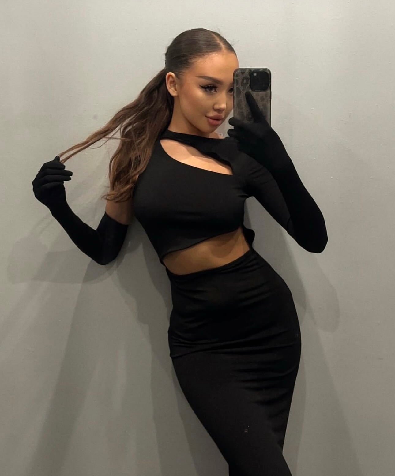 Black Window Detail Gloved Dress