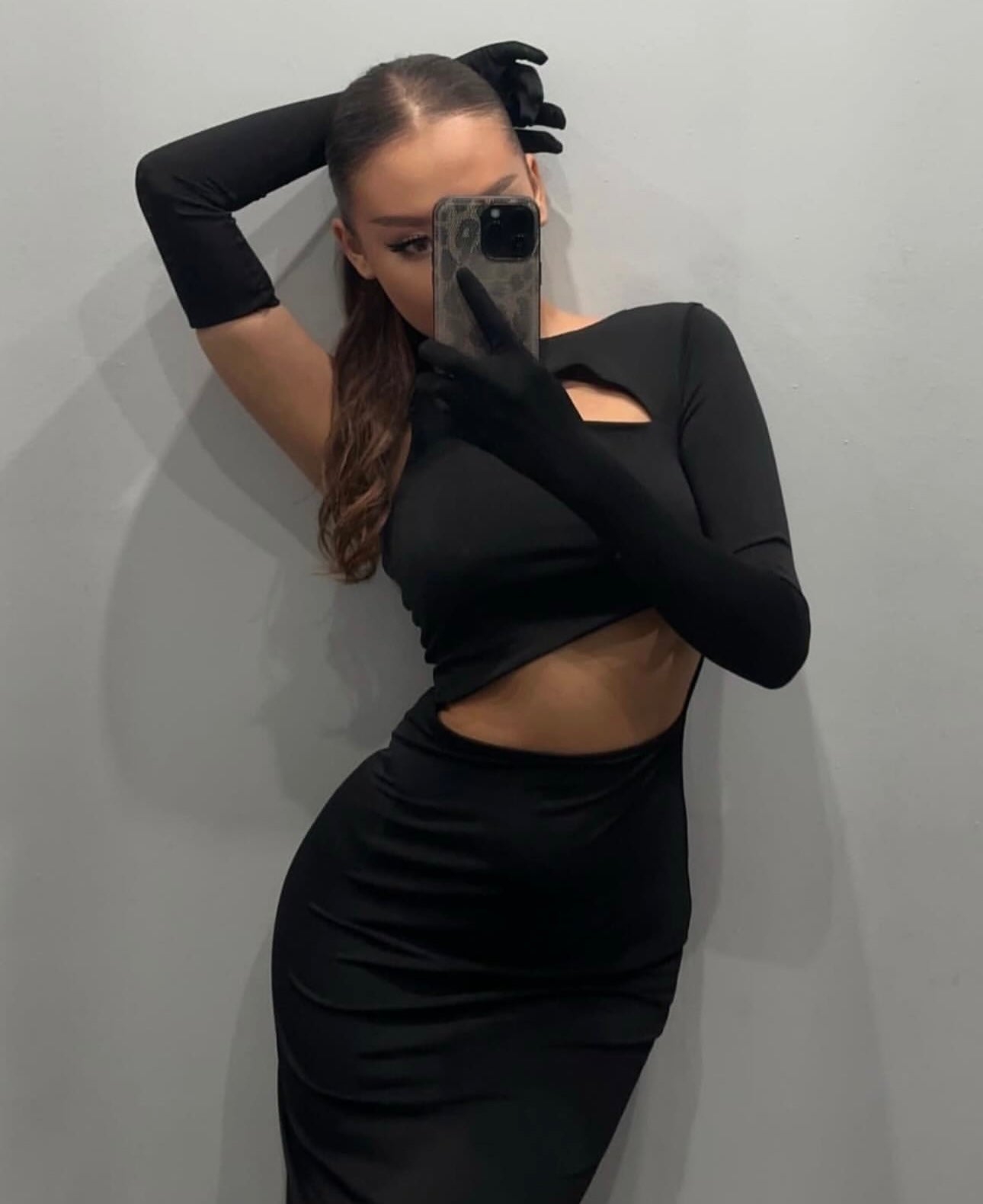Black Window Detail Gloved Dress