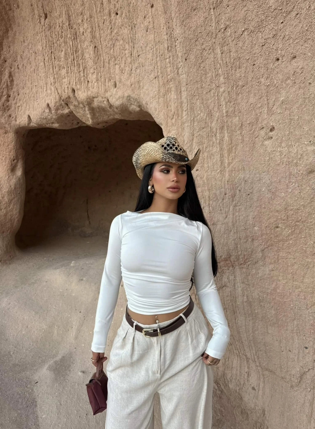 White Collar Cowl Gathered Crop