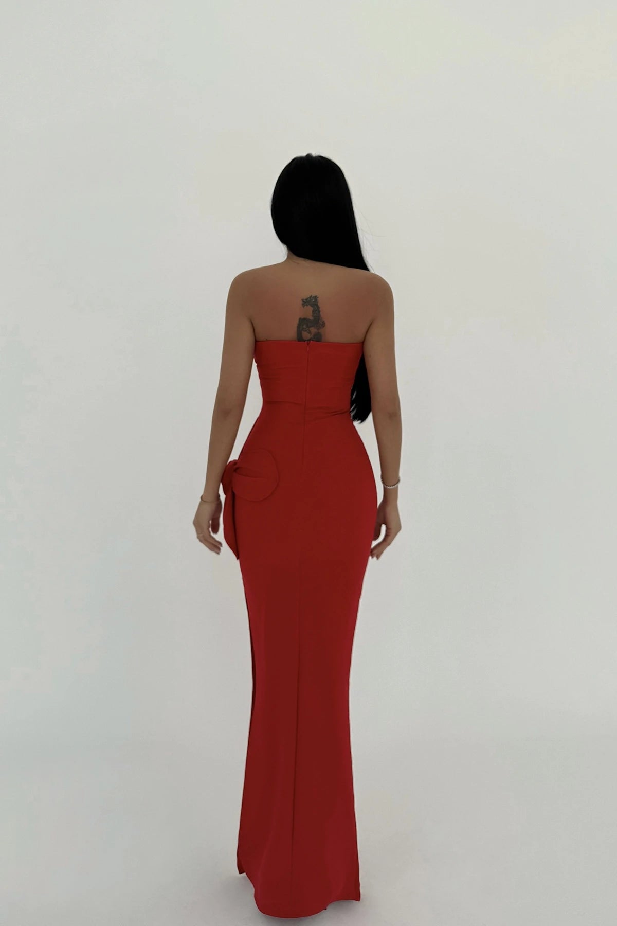 Red Rose Detail Strapless Dress