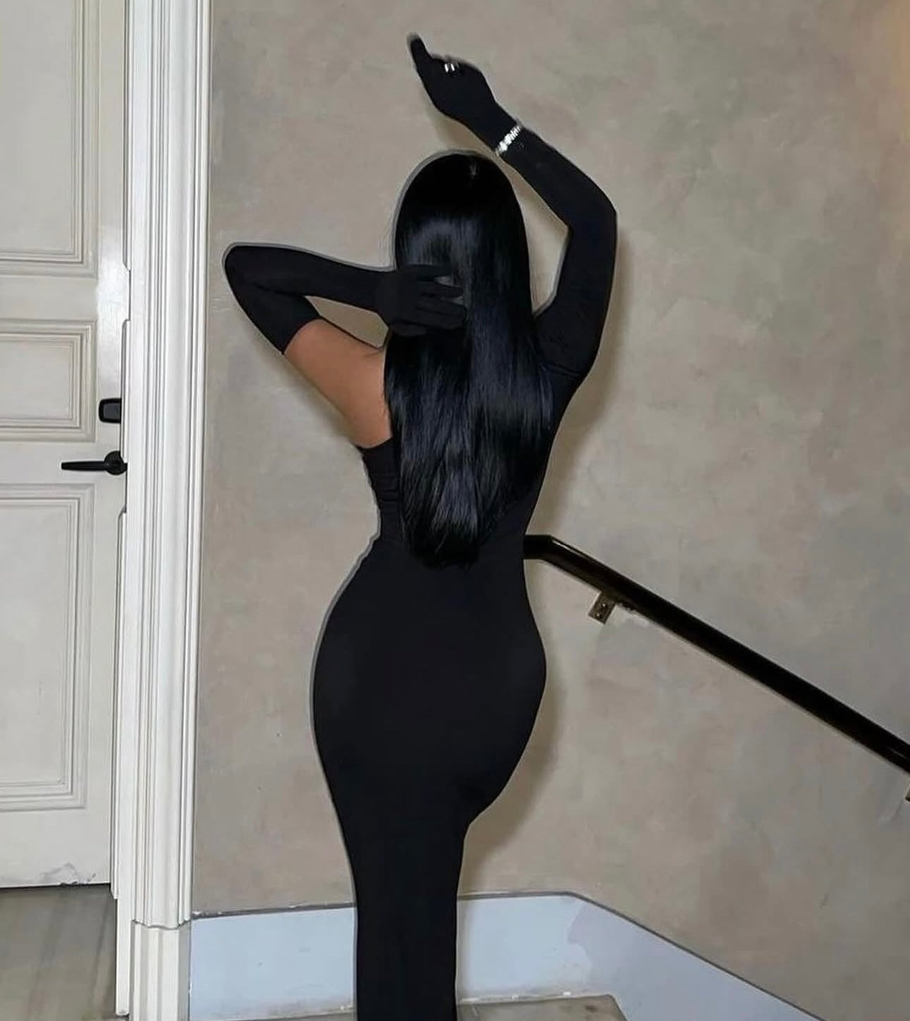 Black Window Detail Gloved Dress