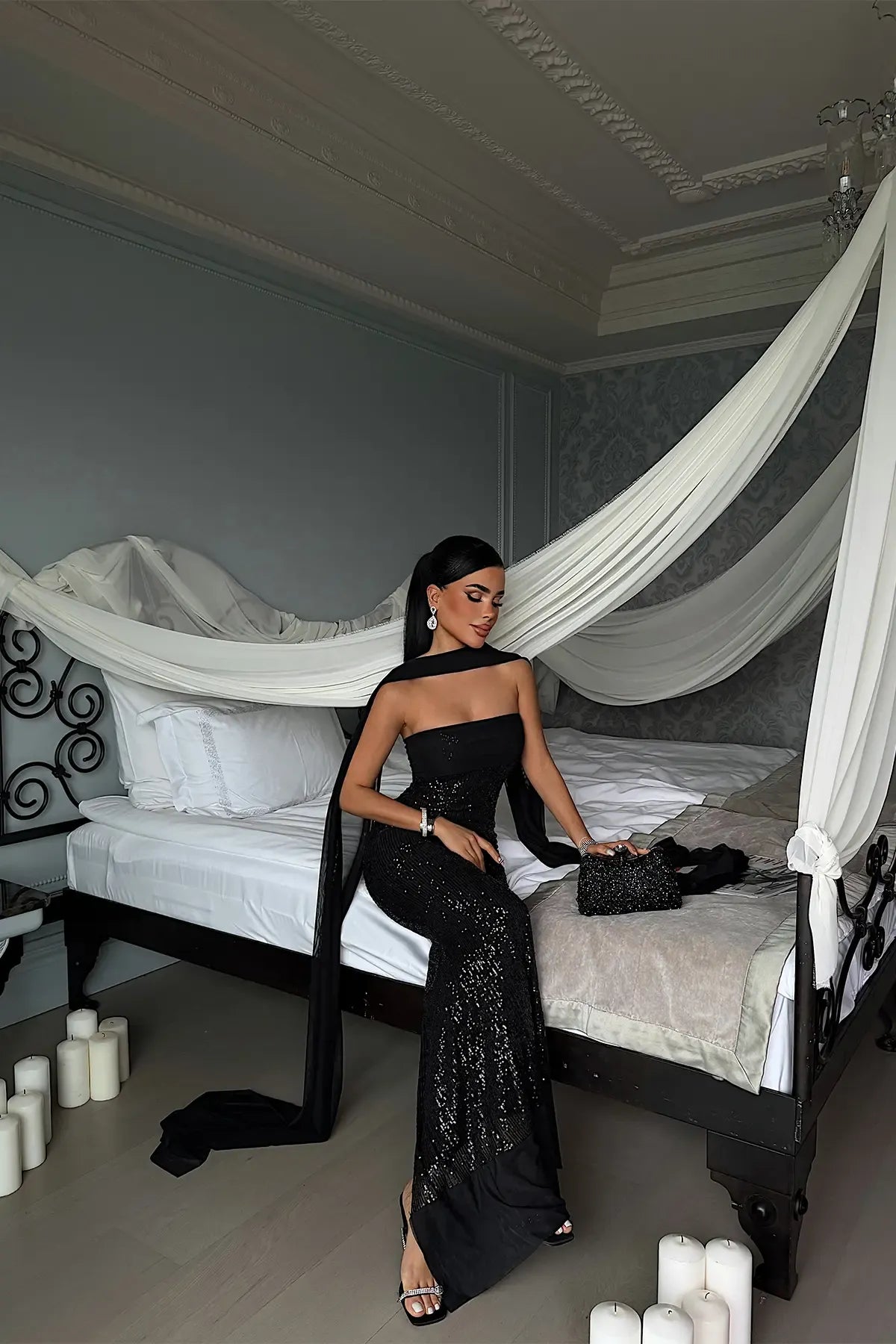 Black Sequin Strapless Dress