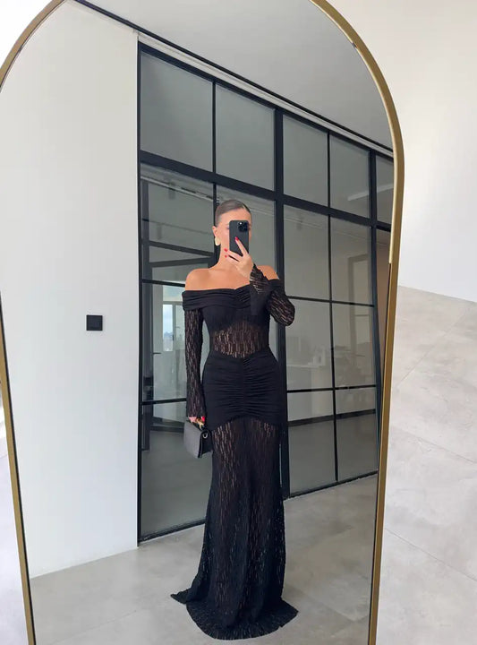 aMADONNA COLLAR DRAPED BLACK LACE DRESS