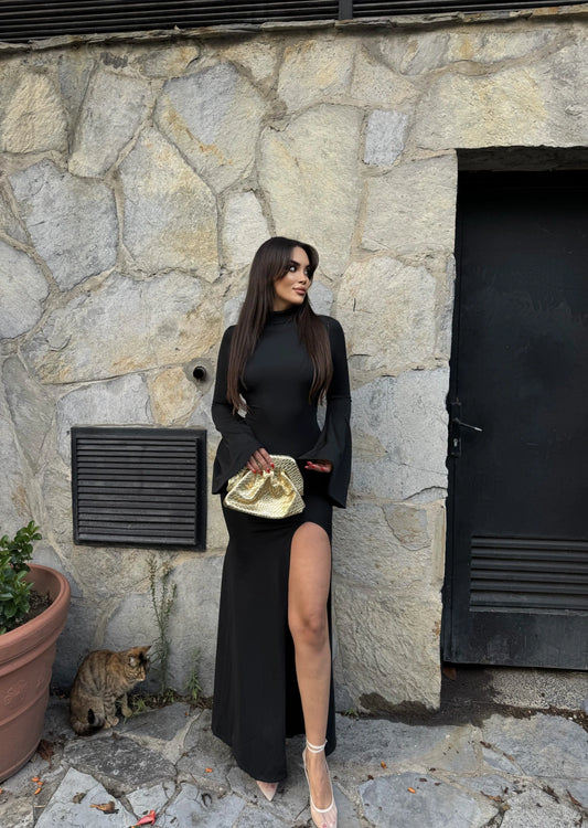 Black back detail dress with a slit
