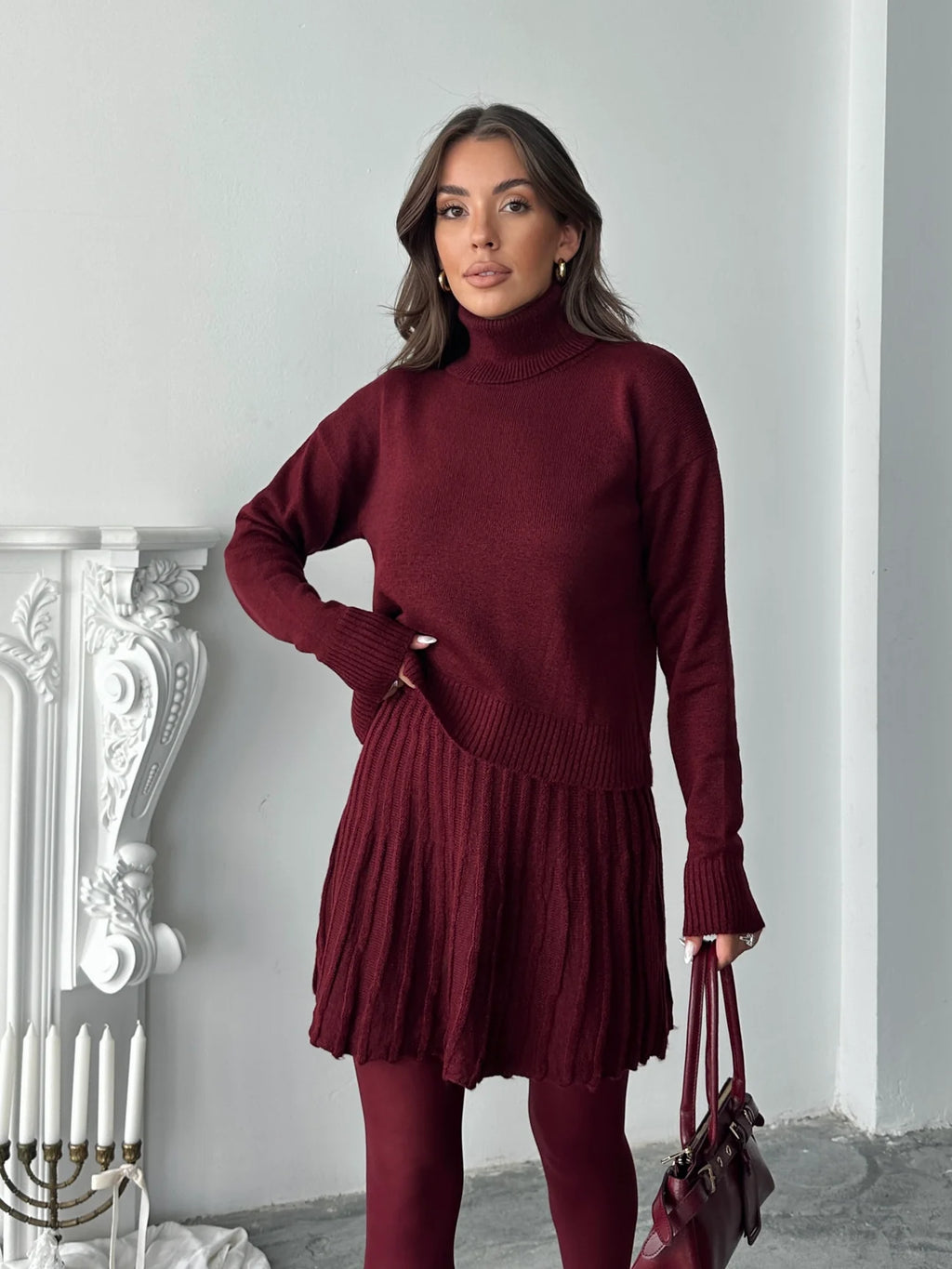 Turtleneck Pleated Skirt Suit