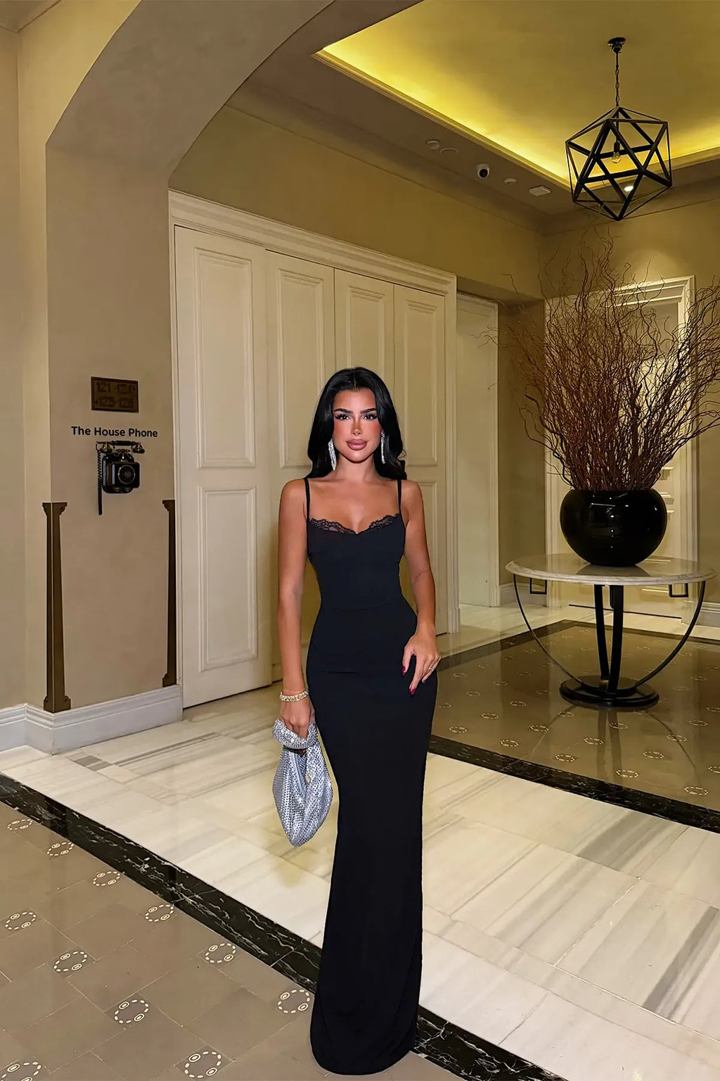 Black Long Dress with Lace Detail