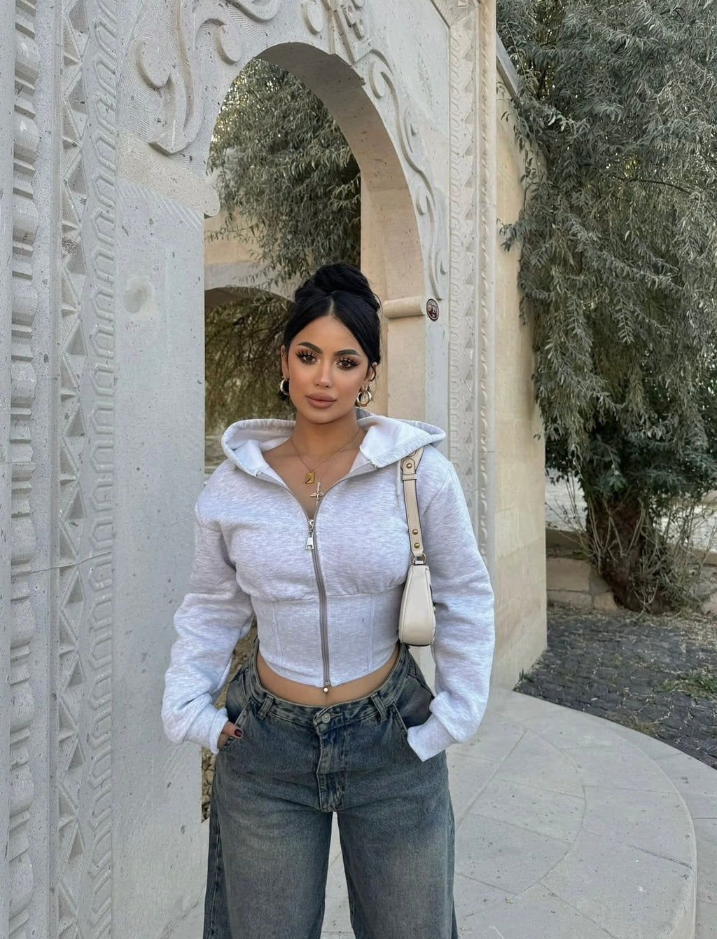 Gray Waist Corset Hooded Cardigan