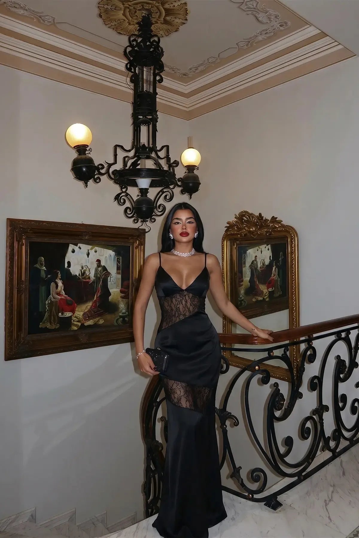 Black Lace Detail Strappy Long Dress