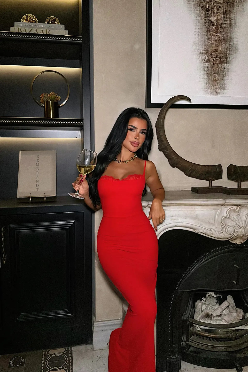 Red Long Dress with Lace Detail