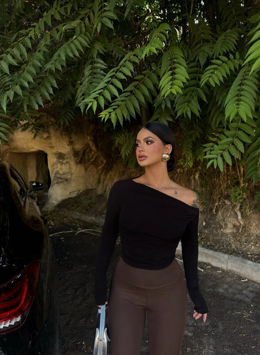 Black Gathered Boat Neck Top