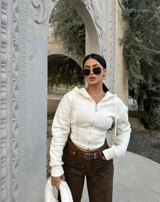 Z White Waist Corset Hooded Cardigan