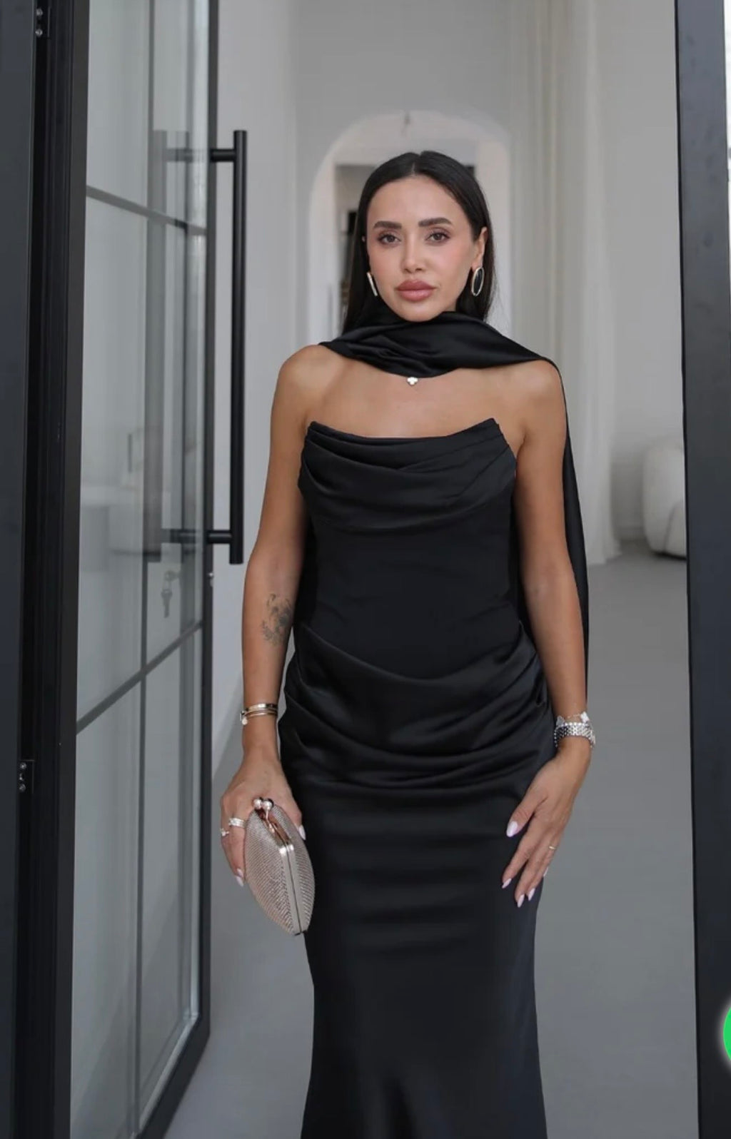 BLACK STRAPLESS SATIN DRESS WITH SCARF