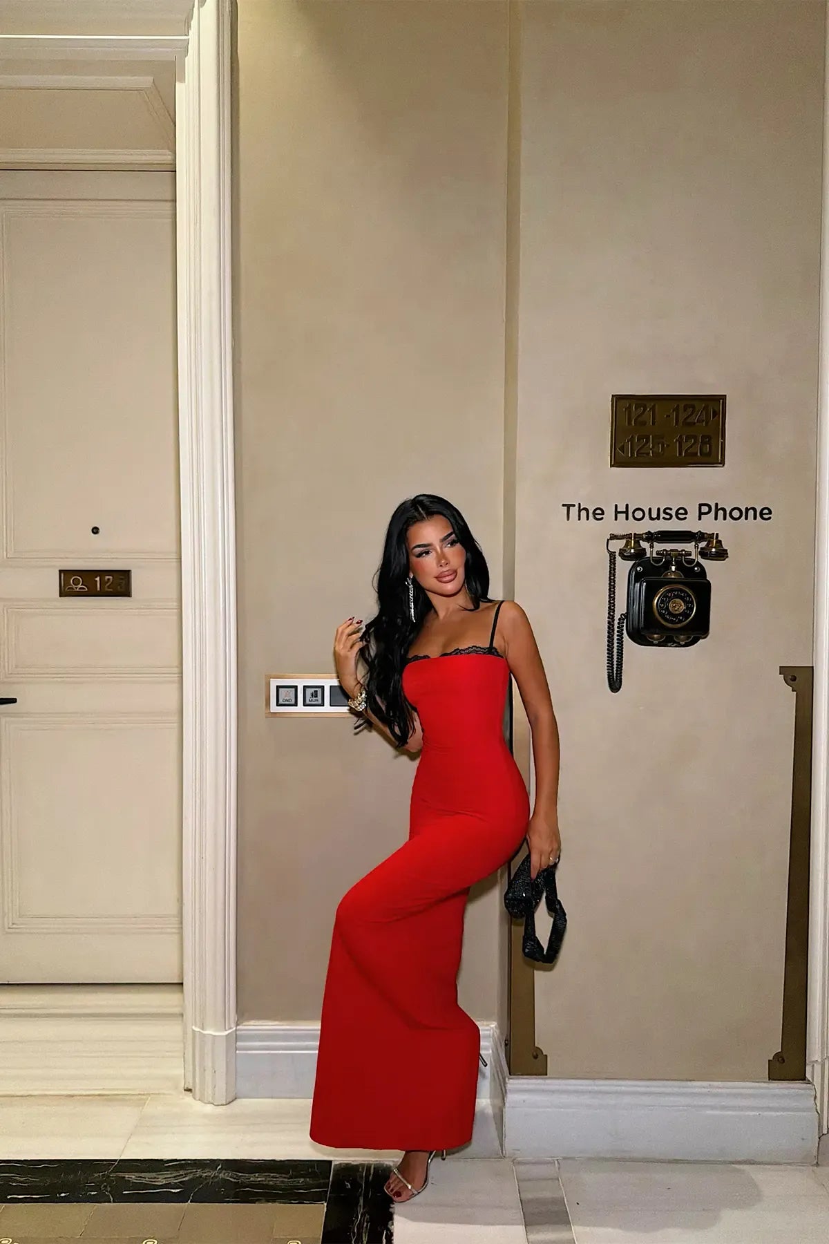 Red Midi Dress with Lace Detail