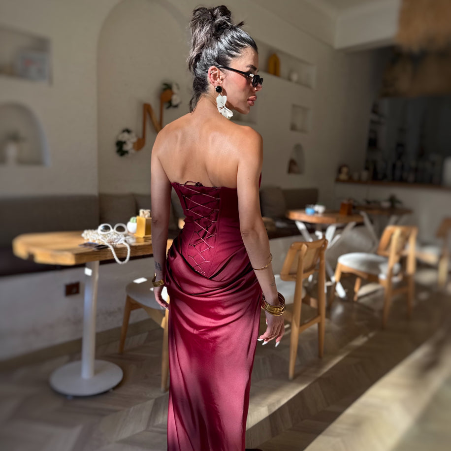 Burgundy Draped Satin Dress