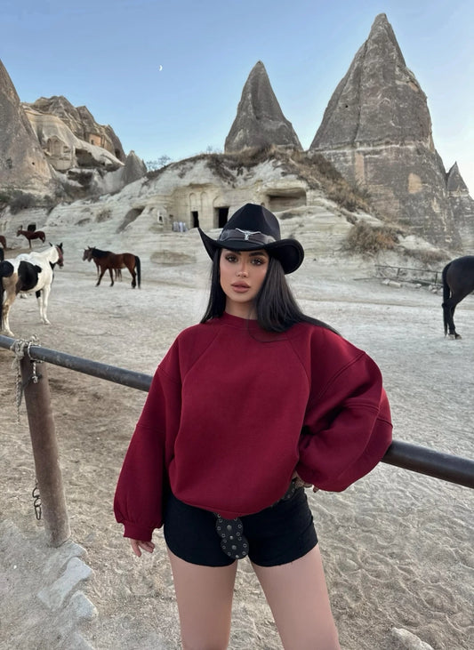 Burgundy Balloon Sleeve Fleeced Sweat