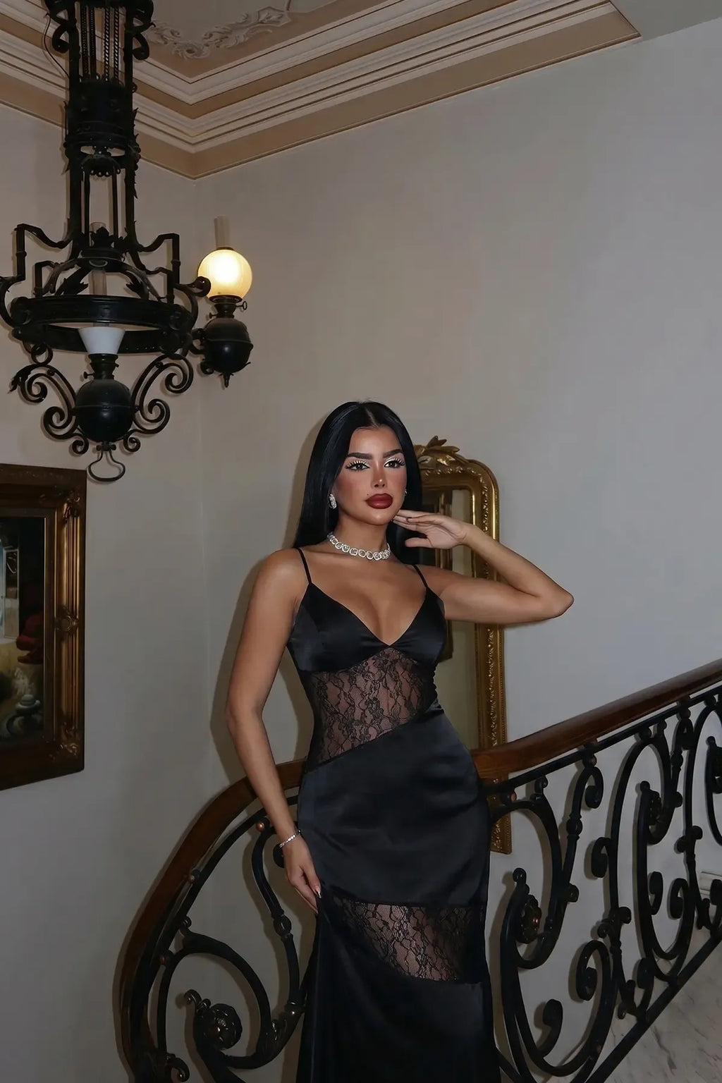 Black Lace Detail Strappy Long Dress