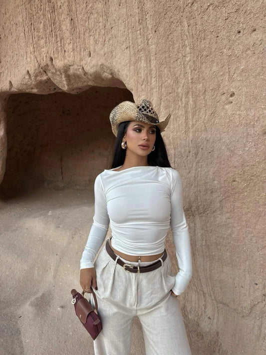 White Collar Cowl Gathered Crop