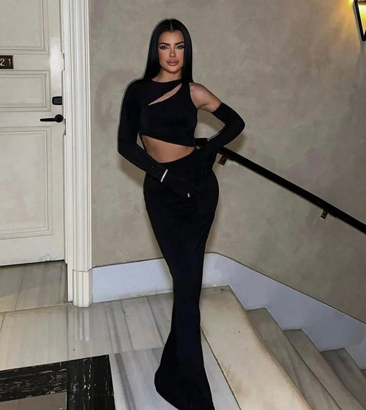 Black Window Detail Gloved Dress