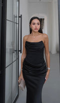 BLACK STRAPLESS SATIN DRESS WITH SCARF