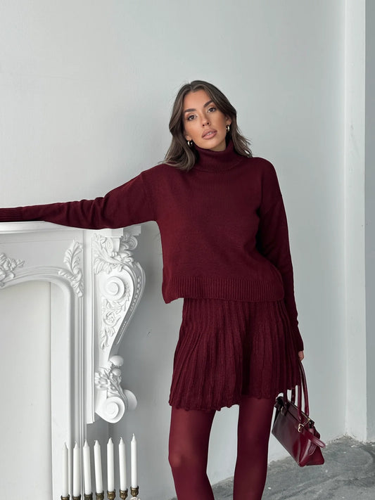 Turtleneck Pleated Skirt Suit