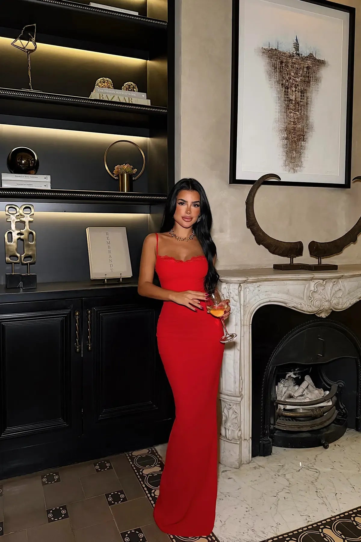 Red Long Dress with Lace Detail