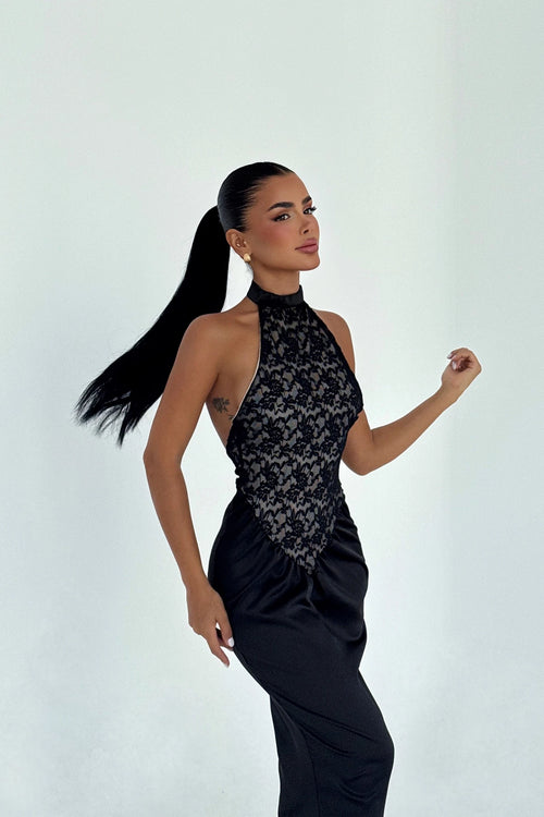 Black Marlo Lace Detailed Satin Dress