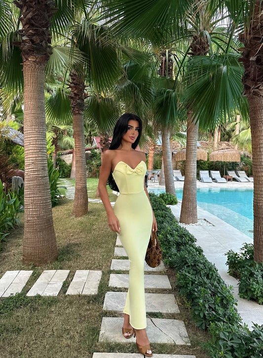 Bow Detail Strapless yellow Dress