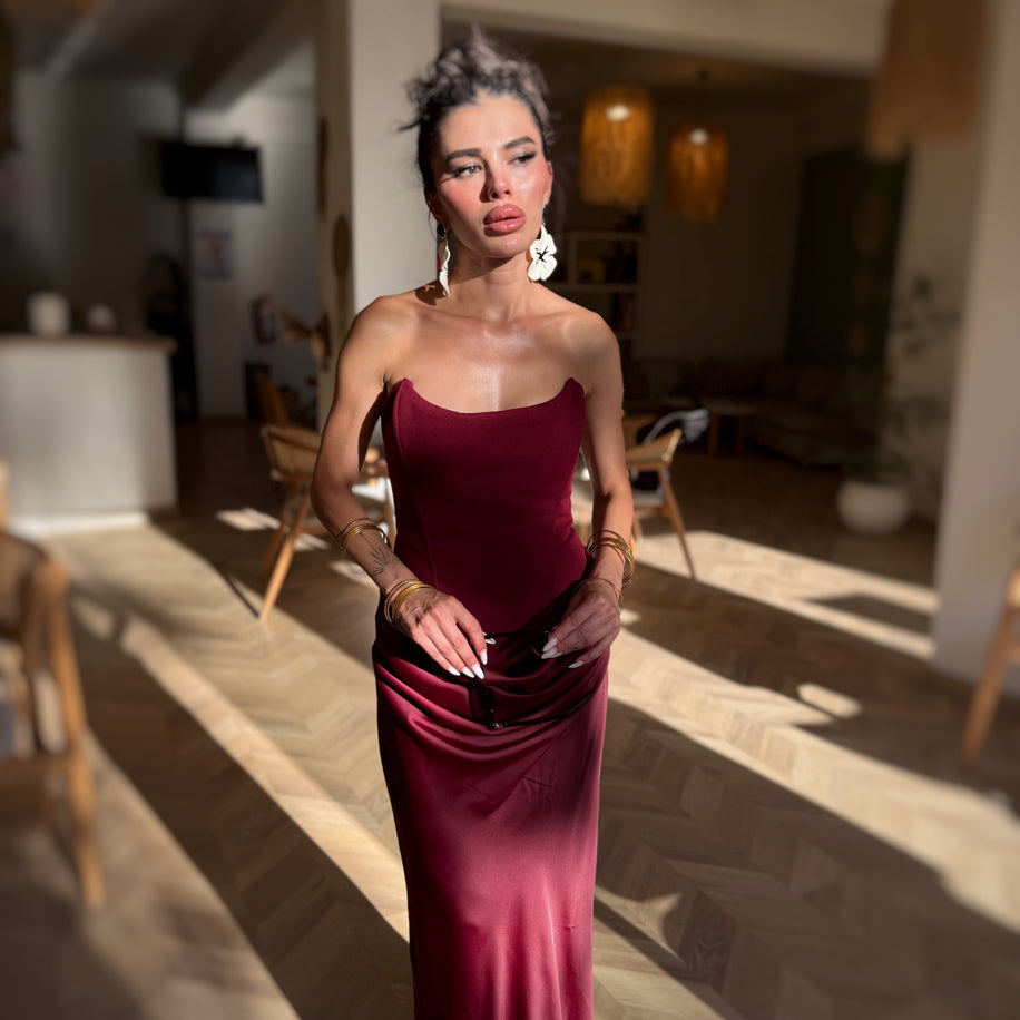 Burgundy Draped Satin Dress