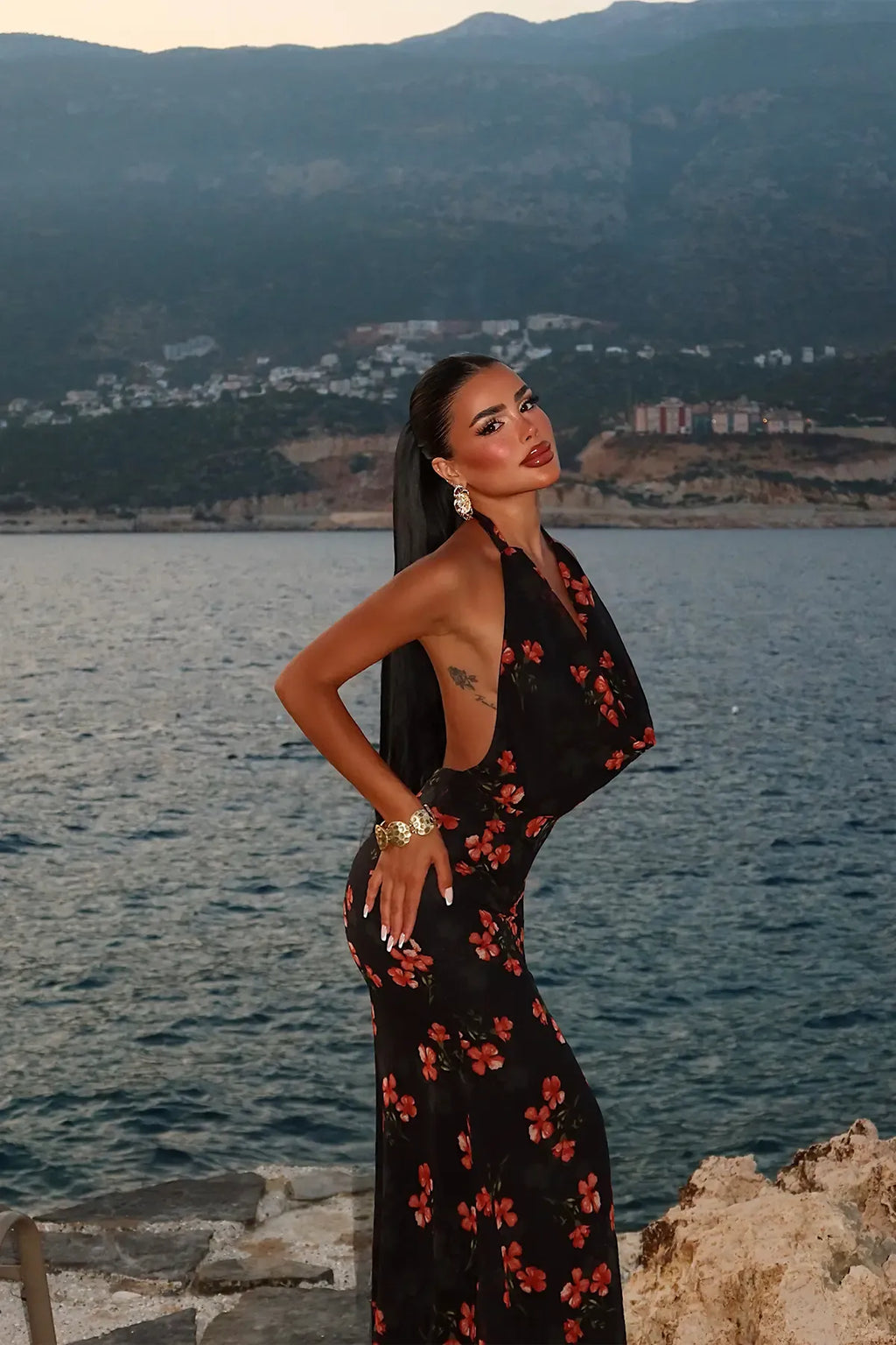 Black Floral Pattern Tulle Dress